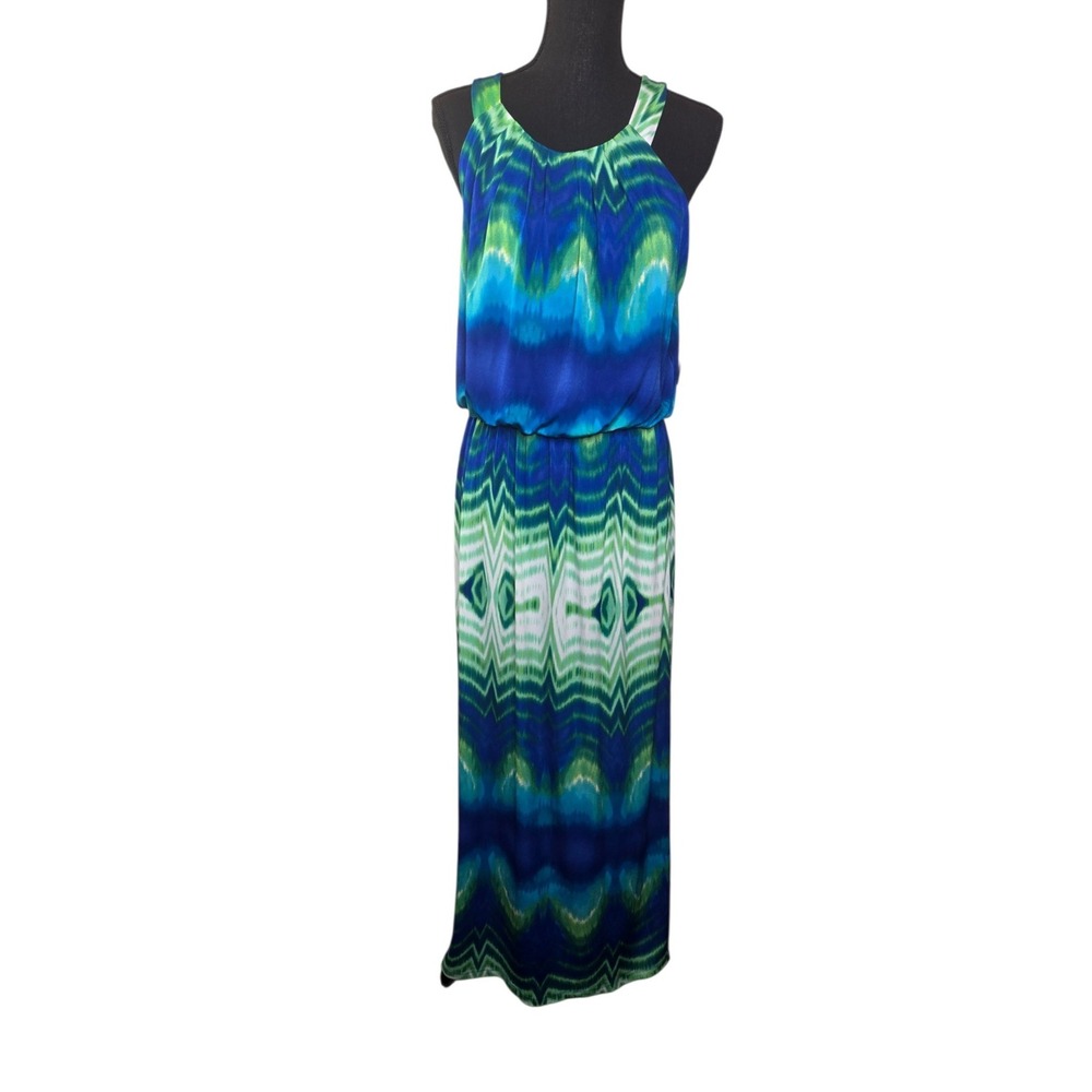 Donna Ricco Maxi Dress Womens Size 14 Blue Green Geometric Abstract Sleeveless